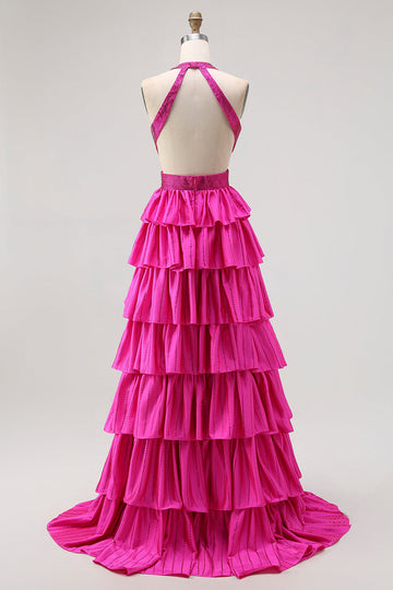 Fuchsia une ligne dos nu dos ouvert perlé perlé longue robe de bal